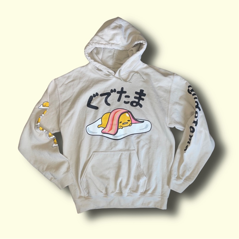 Anime Gudetama Lazy Egg Sweatshirt Hoodie Mens Medium M Long Sleeve Graphic Tan